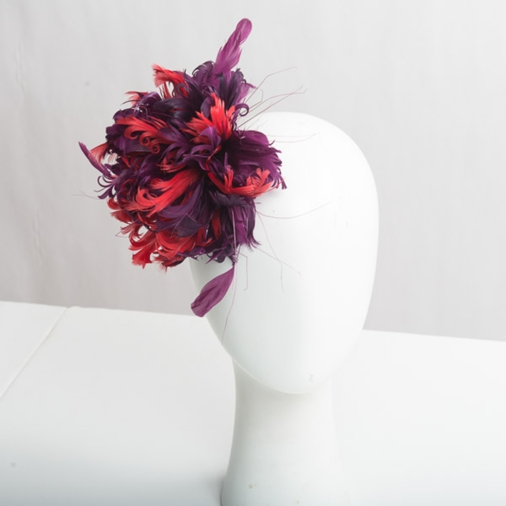 Vibrant Purple and Red Feathered Hair Clip with Dramatic Retro Design